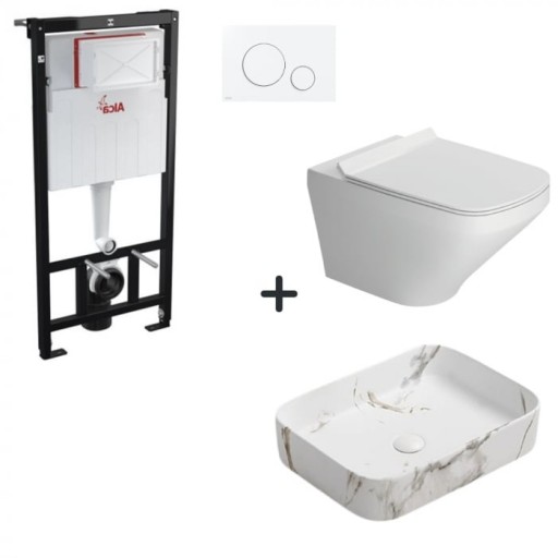 Set vas wc rimless cu capac soft close, lavoar baie efect marmura si rezervor wc cu clapeta alba