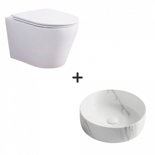 Set vas wc rimless cu capac soft close Oslo plus lavoar baie rotund cu efect marmura