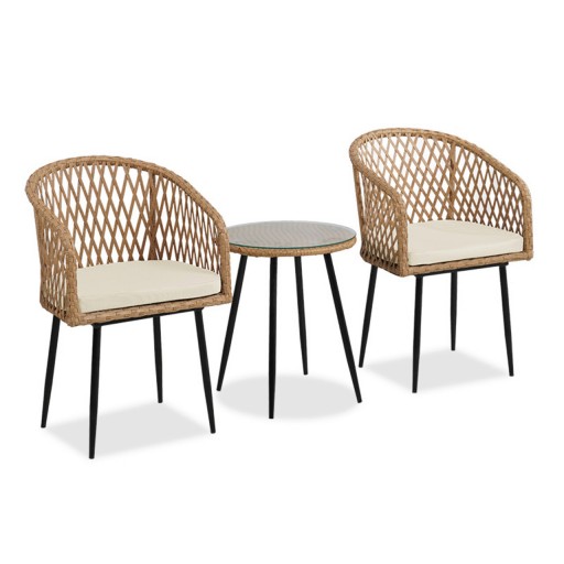 Set mobilier de gradina 3 piese Naoki, Pakoworld, masa si 2 scaune fara brate, 50x50x60 cm, metal/ratan sintetic, negru/natural