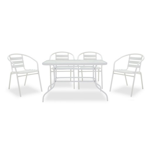 Set mobilier de gradina 5 piese Valor-Tade, Pakoworld, masa si 4 scaune, 120x70x70 cm, metal/sticla, alb