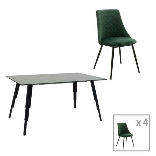 Set dining masa cu 4 scaune Lifo-Giselle, Pakoworld, 140x80x75 cm, MDF/fier/catifea, verde inchis