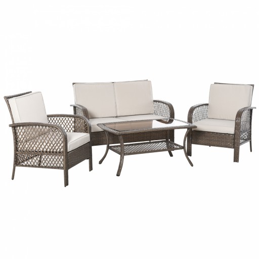 Set Mobilier de Gradina din Ratan Maro Outsunny, 4 piese, Perne Puf Kaki | Aosom Romania