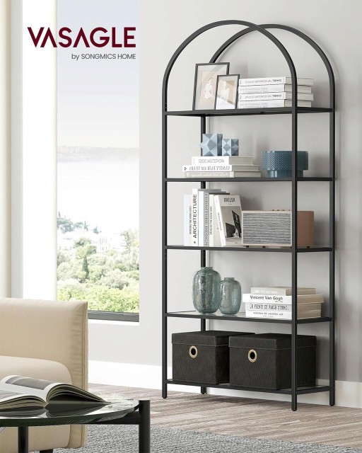 Biblioteca Arched Design, Vasagle, 83x30.2x183.5 cm, otel/sticla temperata, negru