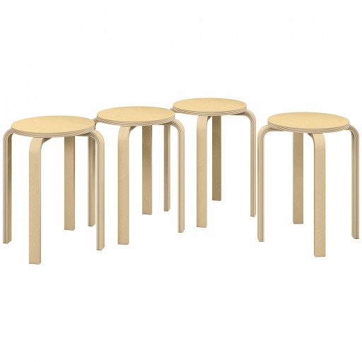 HOMCOM Set de Scaune Stivuibile pentru 4 Persoane, Scaune Moderne de Stivuire, Scaune Rotunde fără Spate, 40x40x45 cm, Lemn Natural