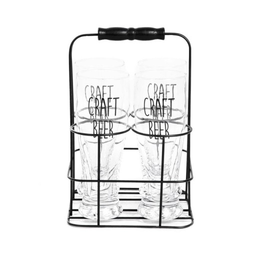 Set 4 pahare bere cu suport Raya, Homla, 400 ml, sticla/metal, transparent/negru