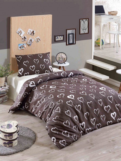 Lenjerie de pat pentru o persoana, Amaour - Brown, Eponj Home, 65% bumbac/35% poliester