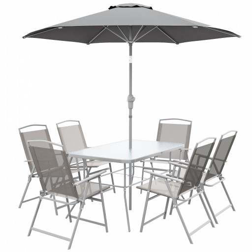 Outsunny Set de Grădină cu Masă, 6 Scaune Pliante și Umbrelă de Soare cu Manivelă, Lounge în Aer Liber din 8 Piese, 130x80x71 cm, Gri